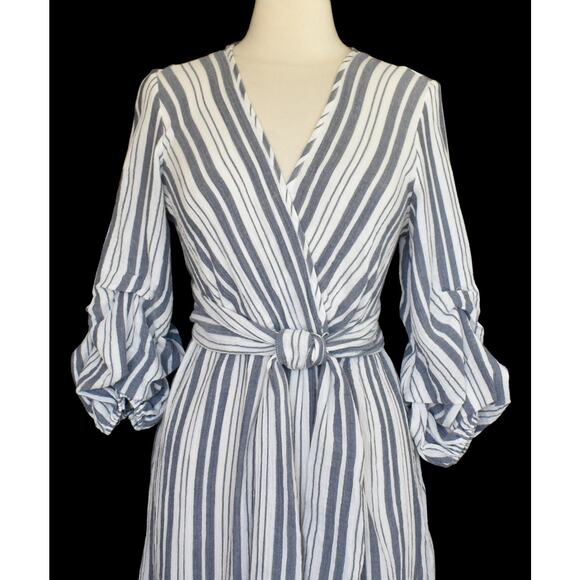 Vintage Y2K Max Studio Blue Stripe Day Dress, Faux Wrap Bodice, New with Tags S - Picture 4 of 9